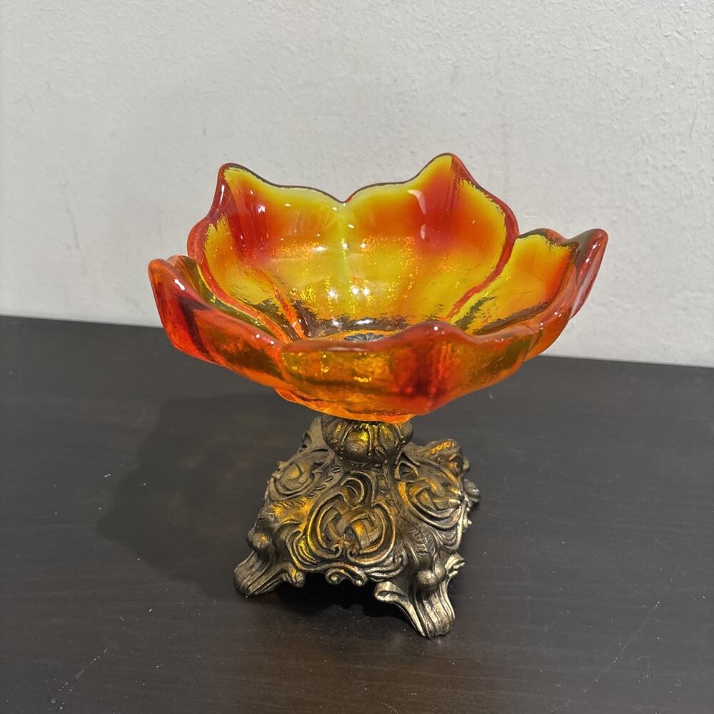 Vtg Amberina Cadmium Glass Compote Bowl Ornate Pedestal Candy Dish Glow MCM